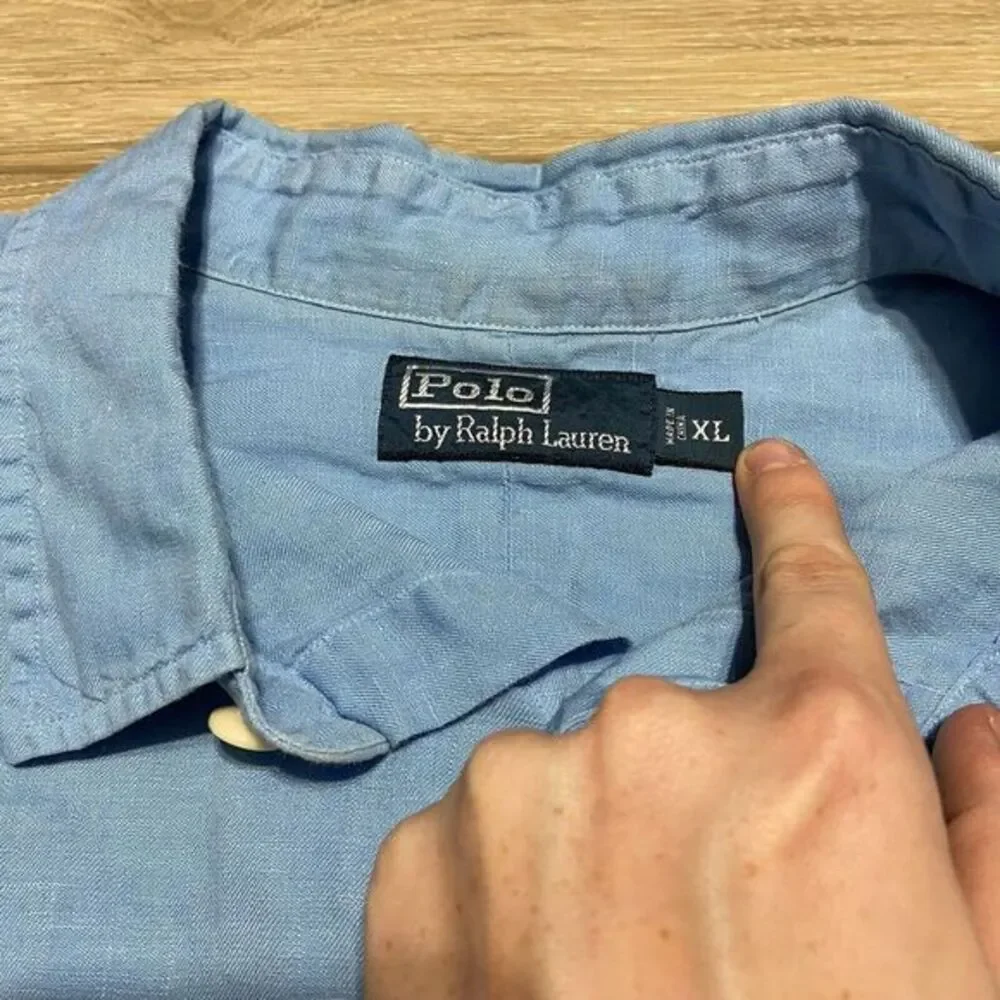 Vintage Polo Ralph Lauren Shirt Mens XL Blue 100% Linen Button‎ Up Pockets Flaws